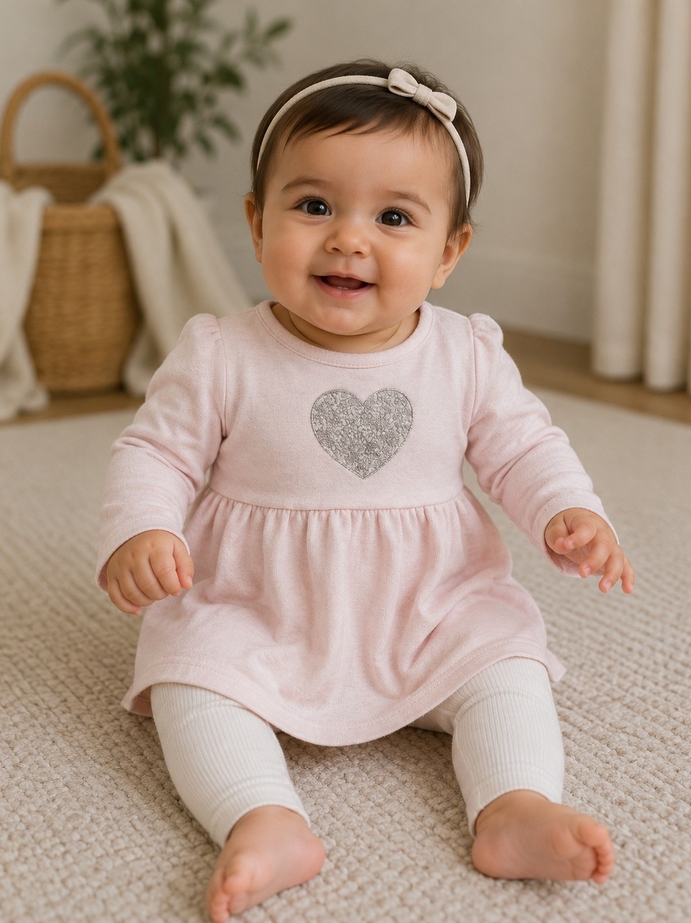 First Impressions Pink Heart Long-Sleeve Dress with Silver Heart